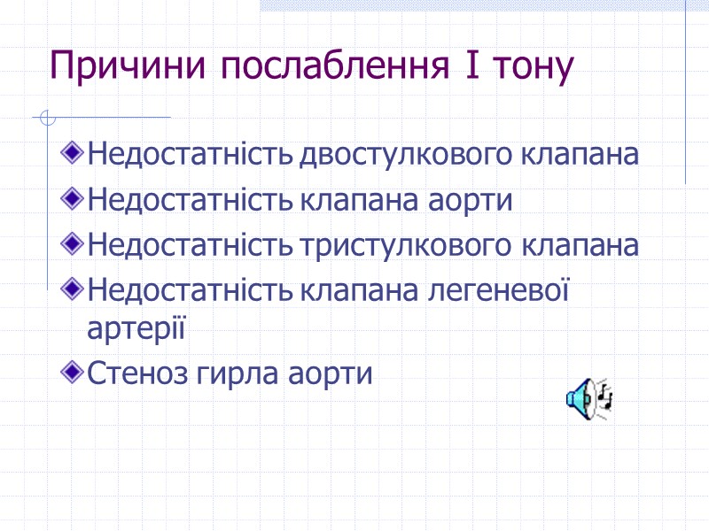 Причини послаблення І тону Недостатність двостулкового клапана Недостатність клапана аорти Недостатність тристулкового клапана Недостатність